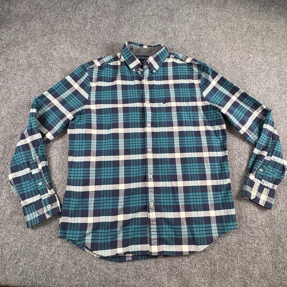 American Eagle Button Shirt Men XL Teal Plaid Preppy Academia Coastal Office